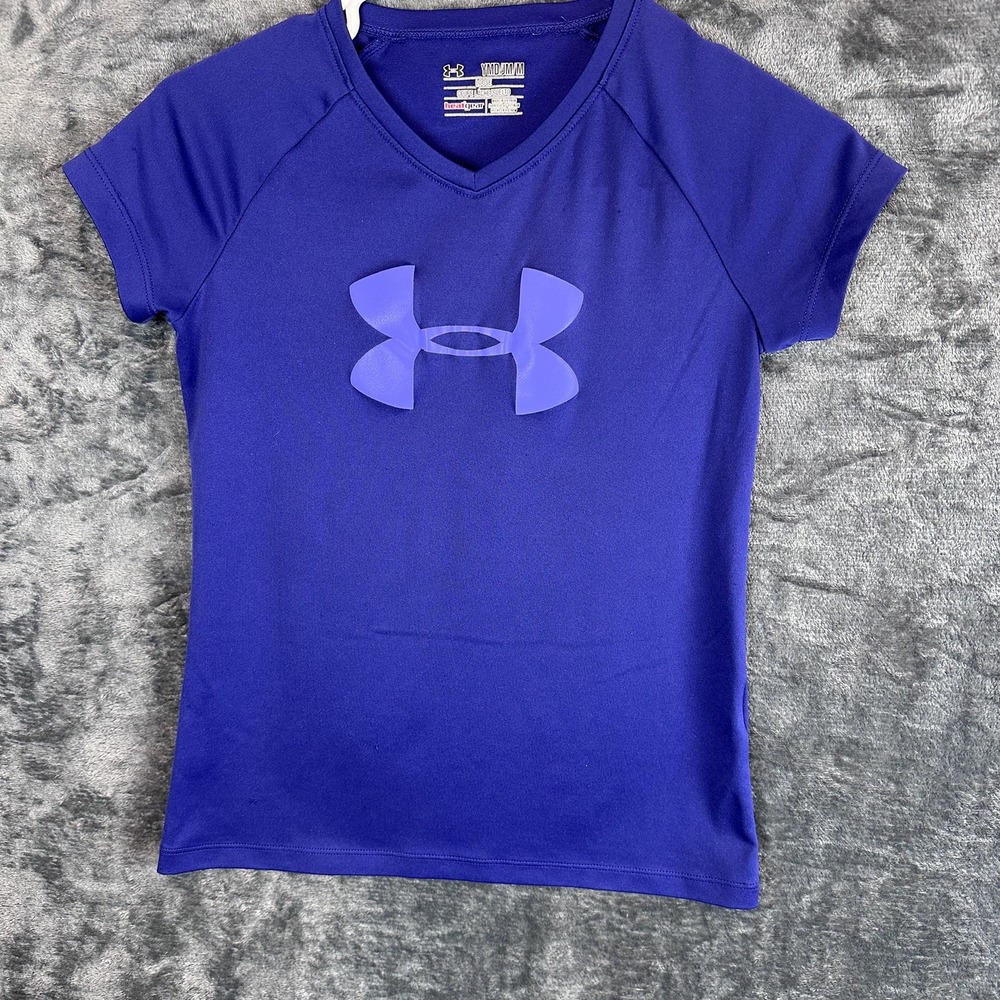 Under Armour HeatGear Boys YMD Blue Loose Crew Neck Short Sleeve Logo Tee